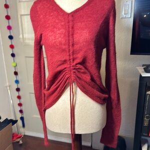 Hudson deep Red V-Neck wool blend Ruched front Sweater